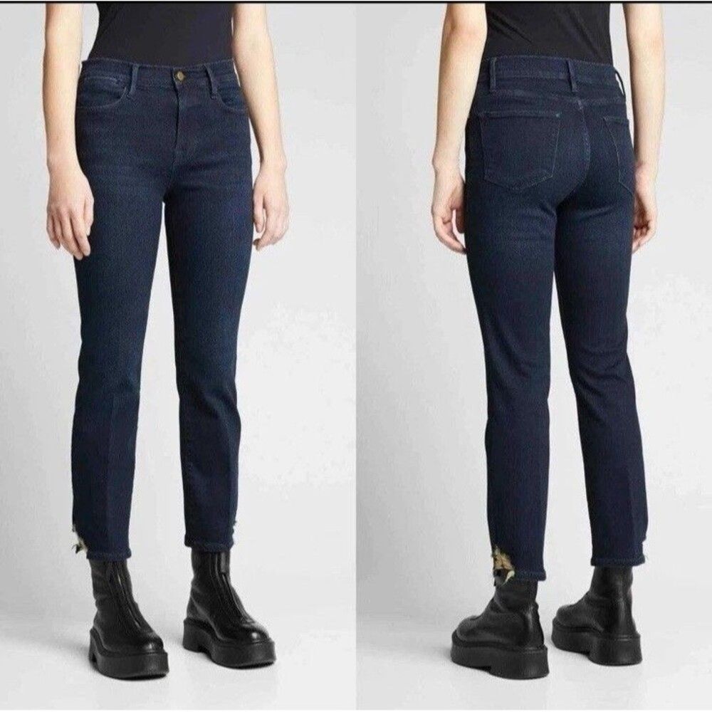 Frame Le High Straight Jeans Womens Porter Chew Dark Blue Distressed Hem 31